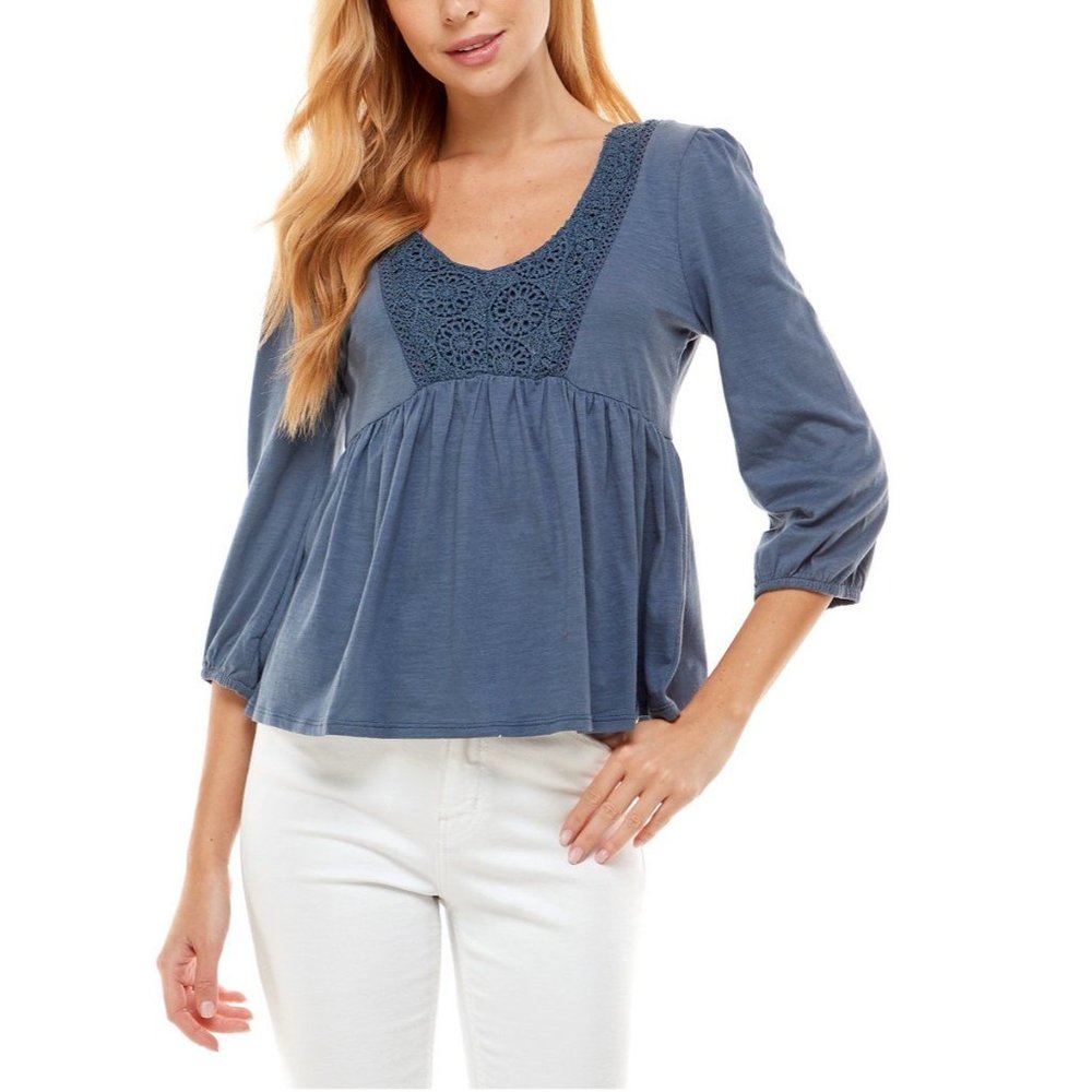 DEREK HEART Vintage Indigo Three-Quarter Sleeve Peplum Top - Small